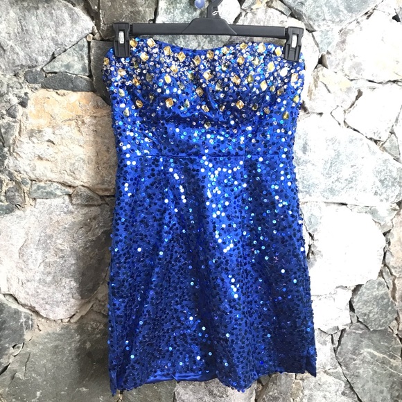 Juliet Fashion Milex mini blue with gold polyester sequin gown size small - Picture 1 of 16